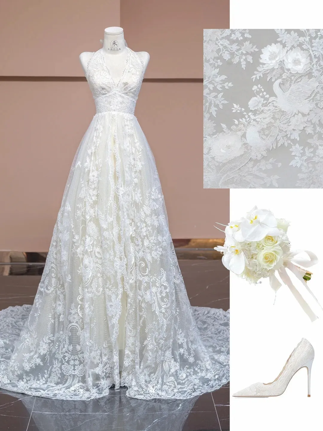 Elegant White V-neck Lace Applique A-Line Wedding Dress with Train HZ1108