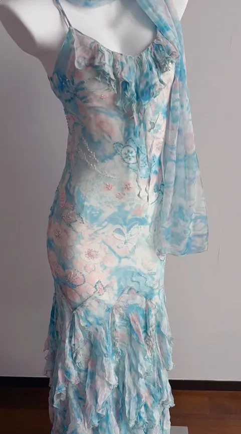 Stunning Blue Printed Chiffon Spaghetti Straps Beaded Sheath Prom Dresses for Party HZ1108