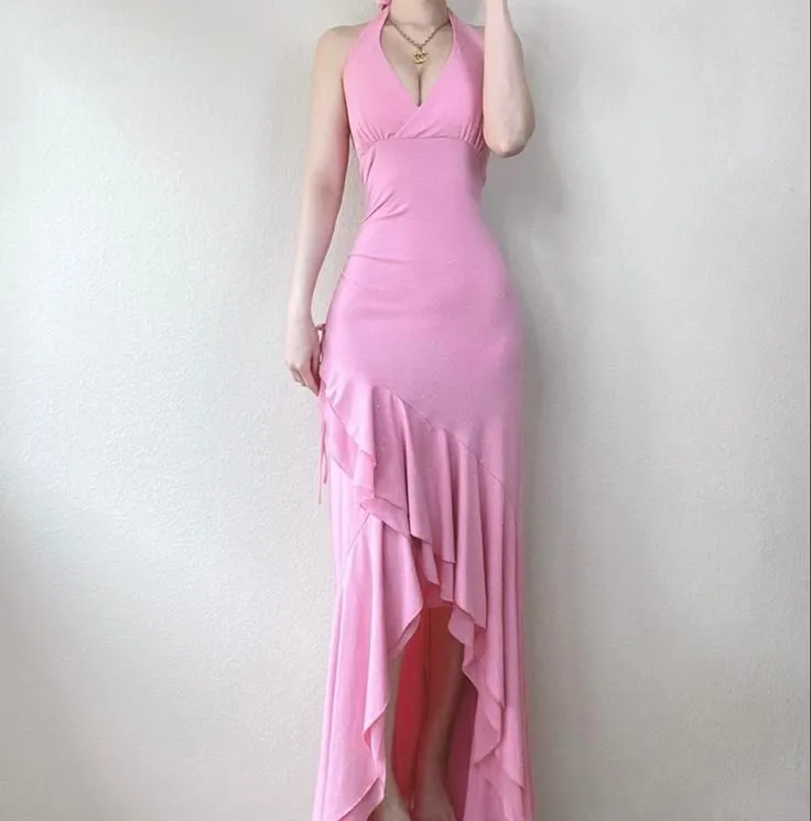 Pretty Pink Halter Neck Ruffle Sheath Party Dresses with Slits HZ1108