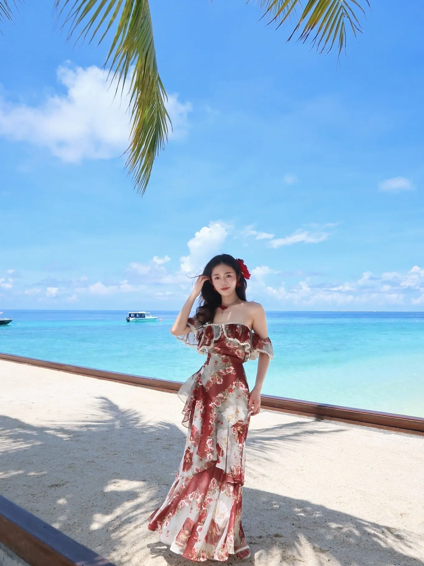 Fashion Red Off Shoulder Printed Chiffon A-line Party Dresses Daily Evening Gowns HZ1108