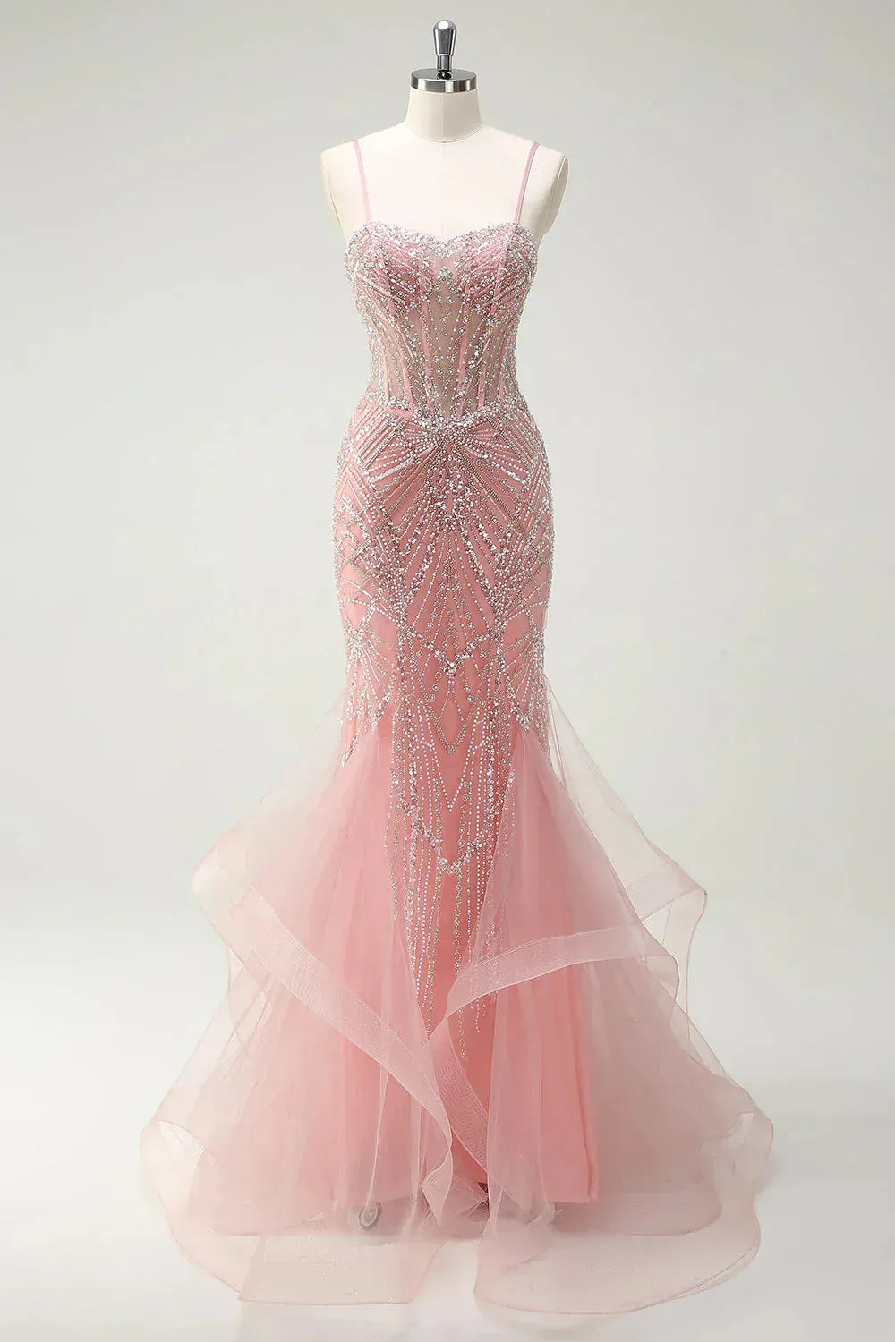 Fairytale Peach Spaghetti Straps Mermaid Beaded Tulle Long Prom Dresses Formal Evening Gowns HZ1108