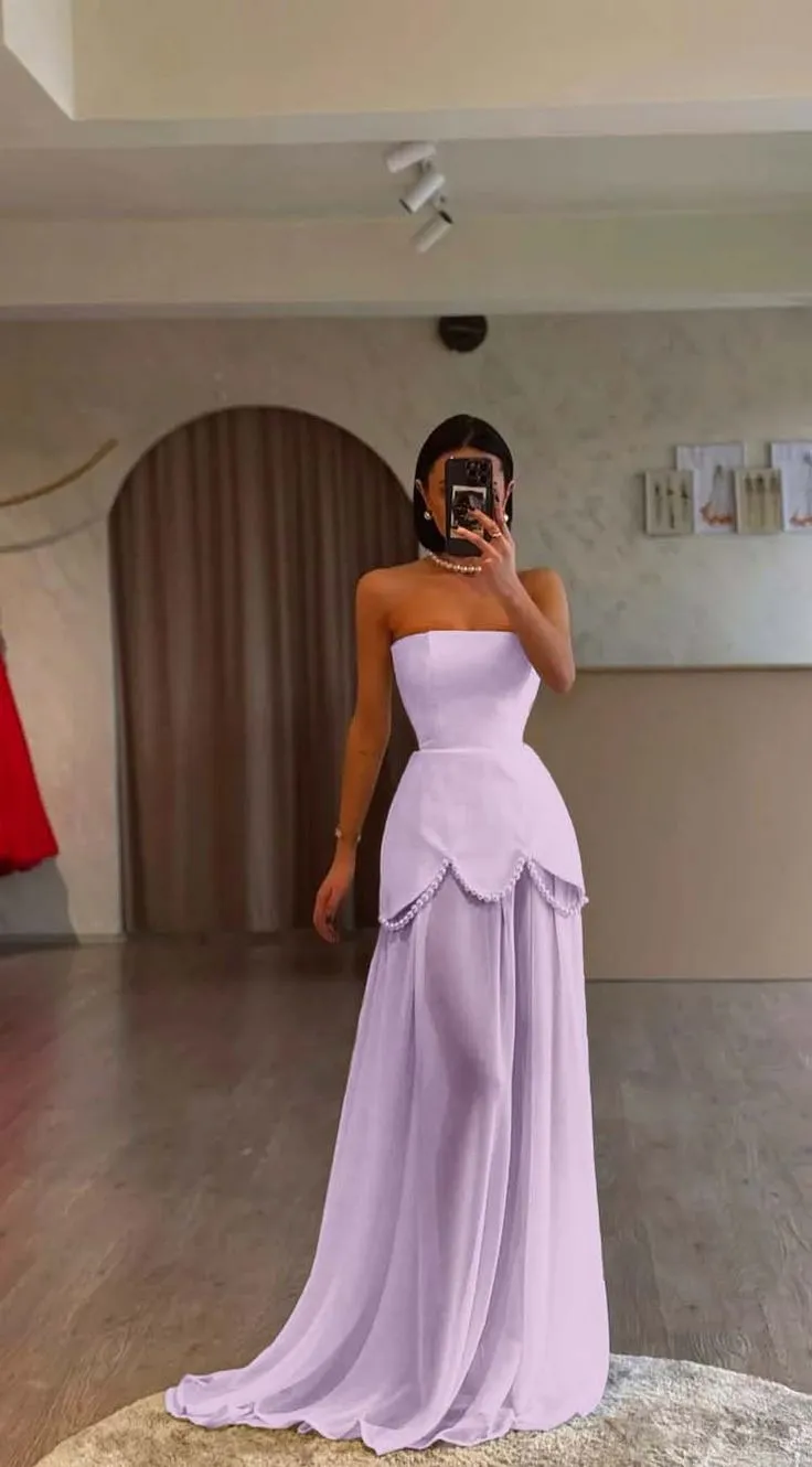Elegant Purple Strapless A-Line Chiffon Long Prom Dresses Formal Evening Gowns HZ1108