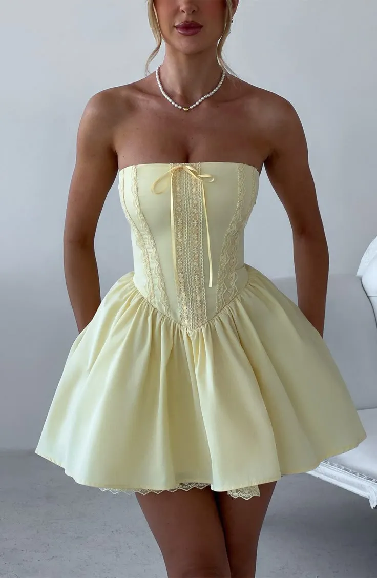 Sweet Butter Yellow Satin Lace Strapless A-Line Short Prom Dresses Homecoming Dresses HZ1108