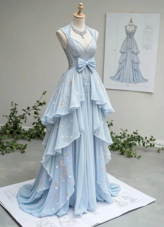 Beautiful Light Blue V-Neck Chiffon A-Line Sequins Long Prom Dresses Formal Evening Gowns HZ1108