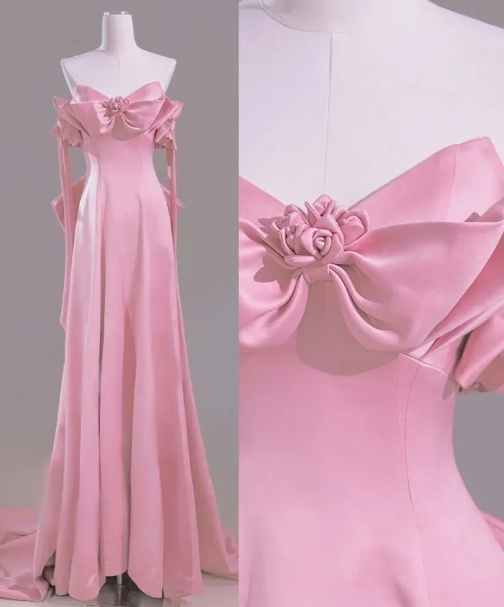 Beautiful Pink A-Line Off Shoulder Satin Train Wedding Dress Formal Evening Gowns HZ1108