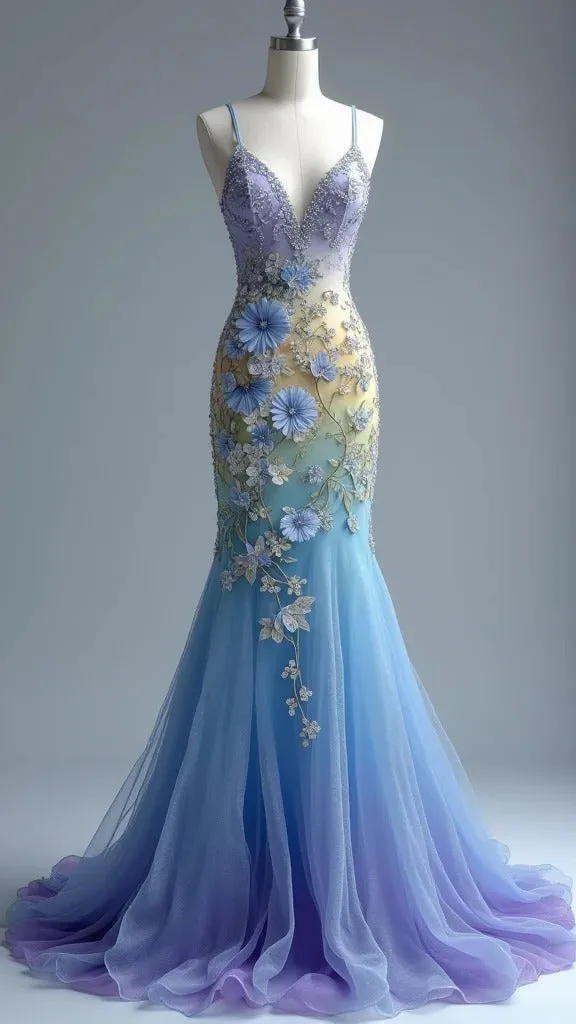 Gorgeous Ombre Purple Mermaid V Neck Tulle Applique Long Prom Dresses Stunning Evening Dress HZ1108