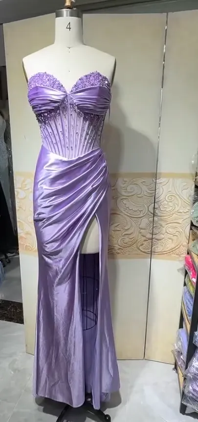 Elegant Lilac Sweetheart Neck Mermaid Satin Beading Long Prom Dresses Formal Evening Gowns HZ1108