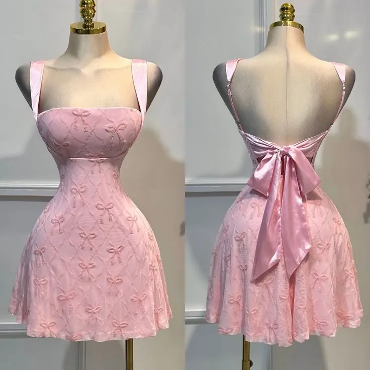 Cute Pink A-Line Square Neck Homecoming Dress Chiffon Embroidered Bow Open Back Short Prom Dresses HZ1108