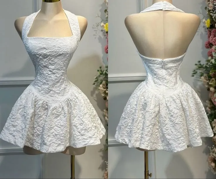 Elegant White A-Line Halter Homecoming Dress Jacquard Satin Open Back Short Prom Dresses HZ1108