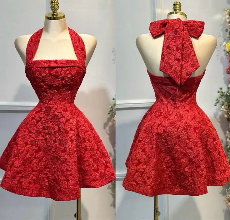 Gorgeous Red A-Line Halter Neck Homecoming Dress Jacquard Satin Open Back Short Prom HZ1108
