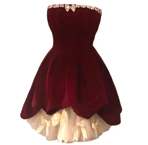 Gorgeous Red Velvet A-Line Strapless Homecoming Dress Tulle Two-Piece Short Prom Dresses with Bow HZ1108 - Image 7