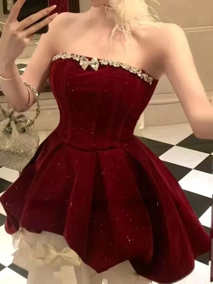 Gorgeous Red Velvet A-Line Strapless Homecoming Dress Tulle Two-Piece Short Prom Dresses with Bow HZ1108 - Image 3
