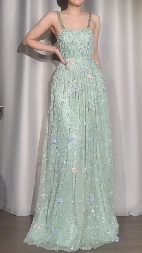 Fairytale Mint Green Straps A-Line Chiffon Beaded Long Prom Dresses with Appliques Sweet Birthday Evening Gowns HZ1108