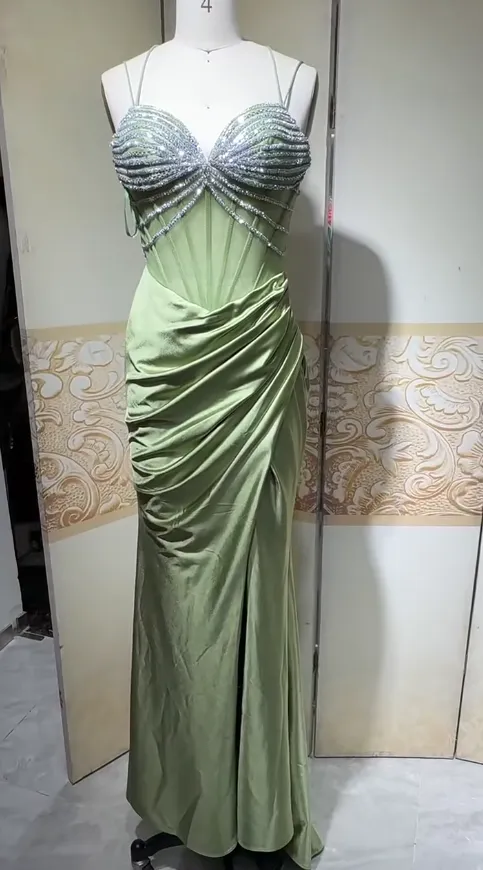 Elegant Sage Green Sweetheart Mermaid Satin Prom Dresses Formal Evening Gowns with Rhinestones HZ1108
