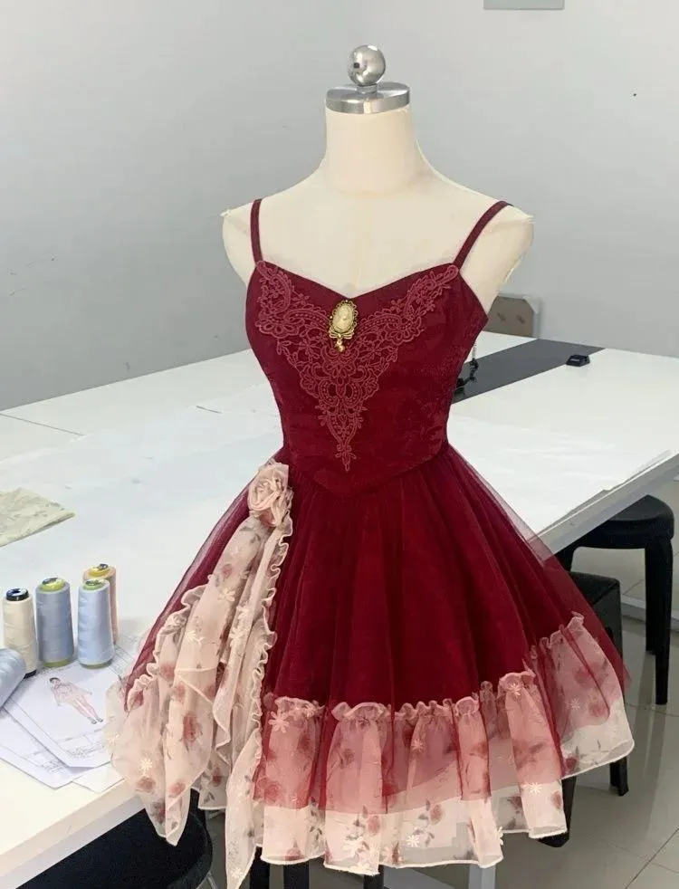 Fairytale Green Spaghetti Strap A-Line Printed Tulle Short Prom Dresses Homecoming Dress HZ1108