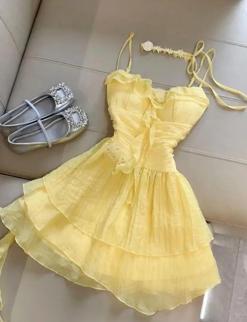 Cute Butter Yellow Spaghetti Straps A-Line Chiffon Short Prom Dresses Homecoming Dress HZ1108