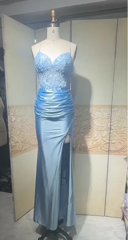 Elegant Sky Blue Spaghetti Straps Bodycon Lace Applique Satin Long Prom Dresses Formal Evening Gowns HZ1108
