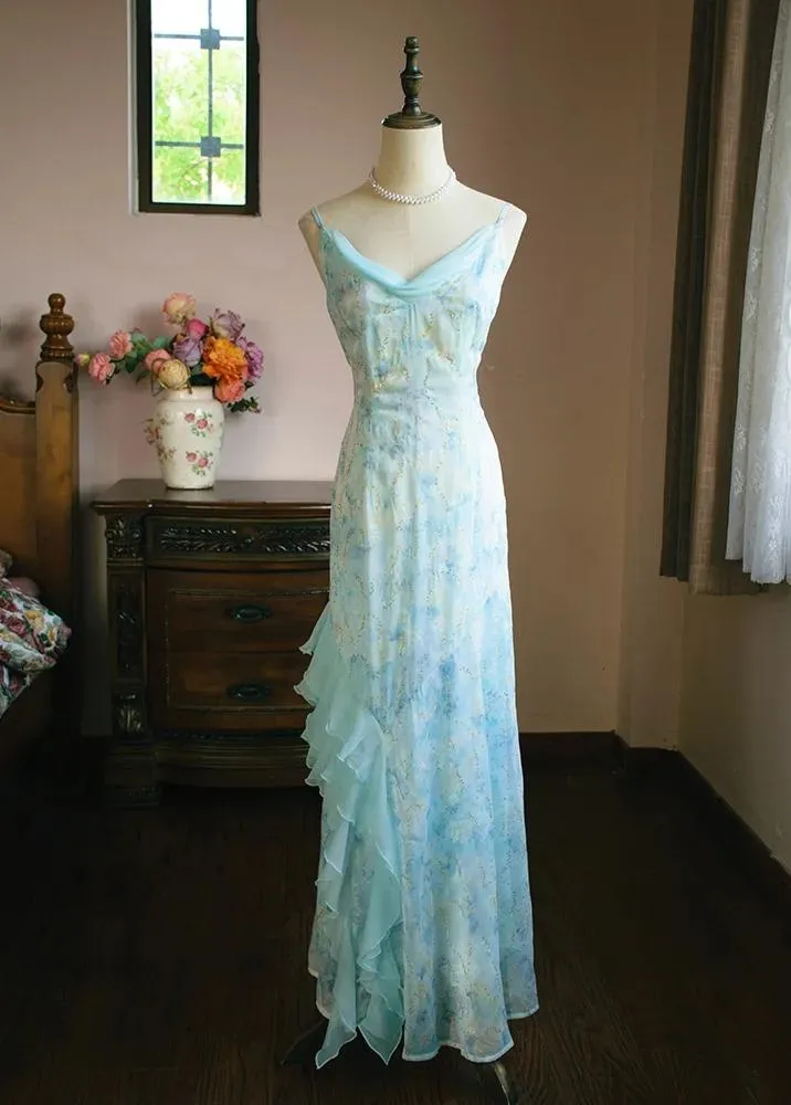 Sweet Light Blue V-neck Printed Chiffon with Ruffles Sheath Long Prom Dresses Vintage Party Dress HZ1108