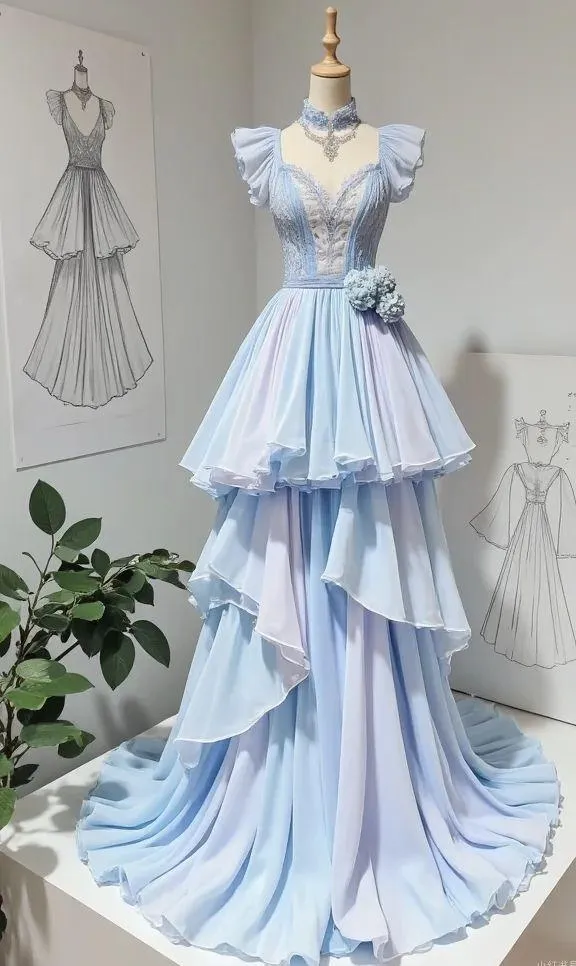 Gorgeous Gradient V-neck A-Line Chiffon Long Prom Dresses Formal Evening Gowns HZ1108