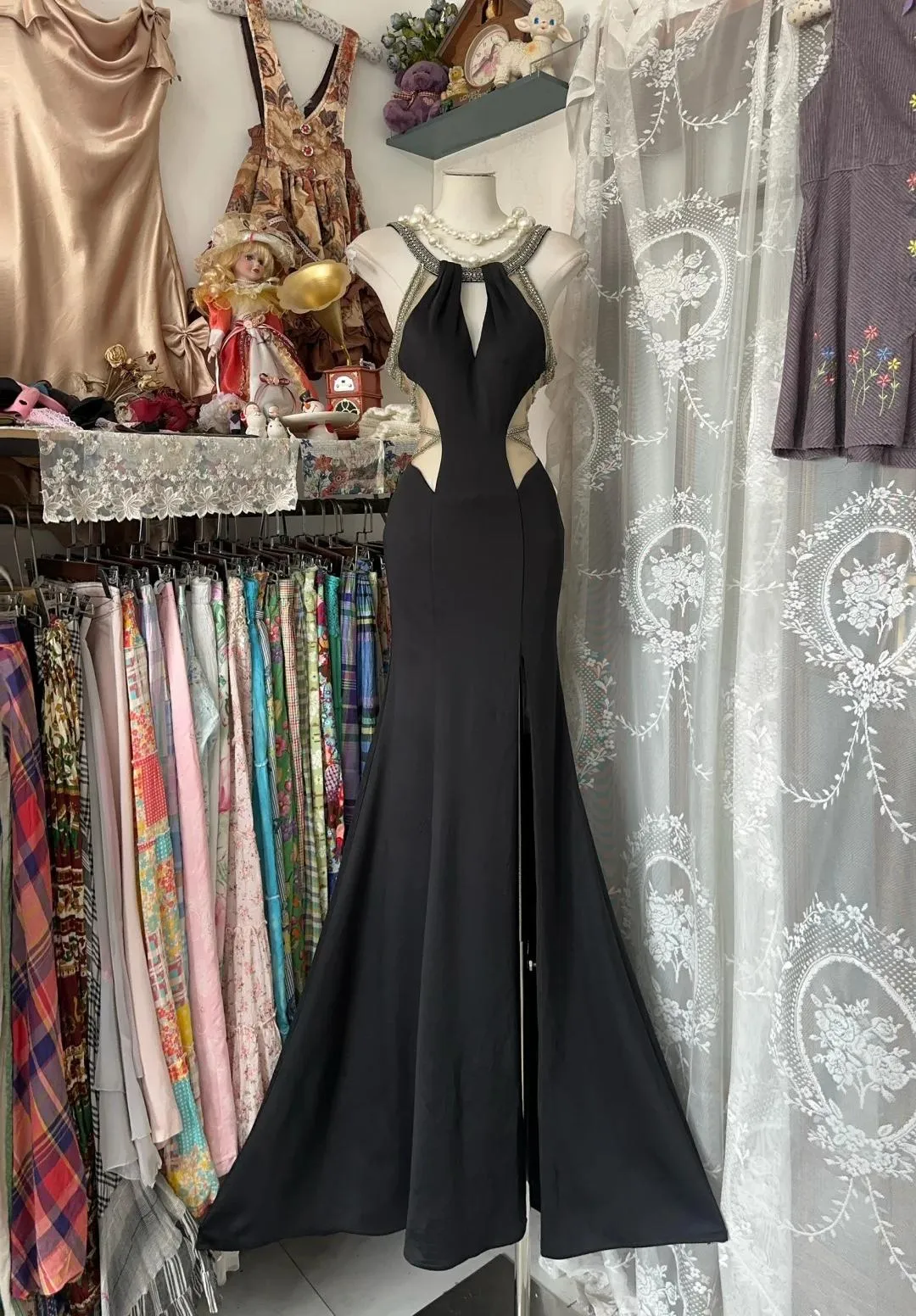 Glam Black Scoop Sheath Chiffon Long Prom Dresses Backless Formal Evening Gowns HZ1108