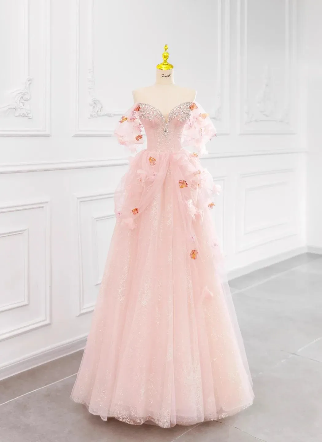 Fairytale Pink Off-the-shoulder A-Line Tulle Wedding Dress HZ1108