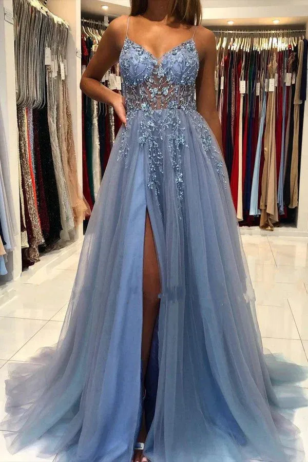 Gorgeous Grey Blue Spaghetti Straps Sequined A-Line Tulle Long Prom Dresses Formal Evening Gowns HZ1108