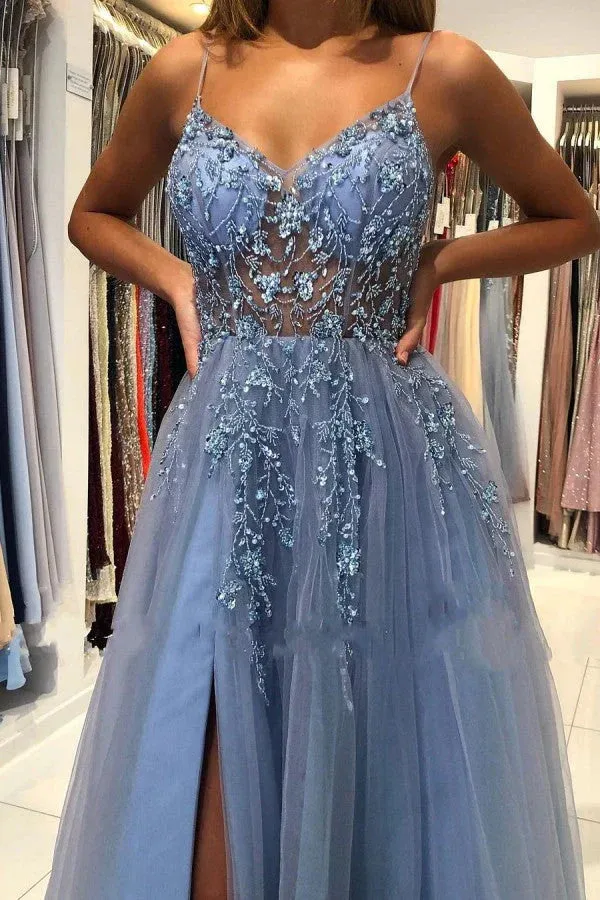 Gorgeous Grey Blue Spaghetti Straps Sequined A-Line Tulle Long Prom Dresses Formal Evening Gowns HZ1108 - Image 3