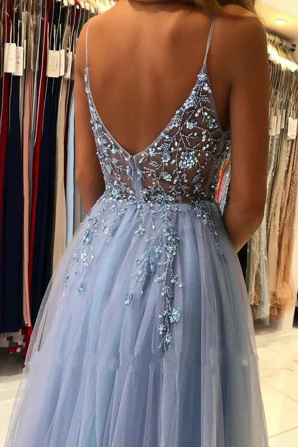 Gorgeous Grey Blue Spaghetti Straps Sequined A-Line Tulle Long Prom Dresses Formal Evening Gowns HZ1108 - Image 2