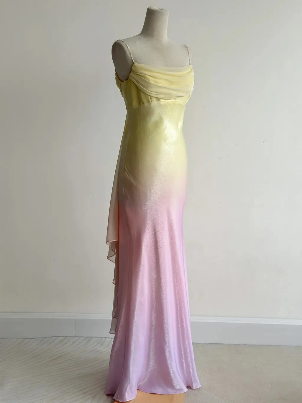 Fairytale Gradient Yellow Pink Spaghetti Straps Mermaid Satin Prom Dresses Vintage Evening Gowns HZ1108 - Image 3