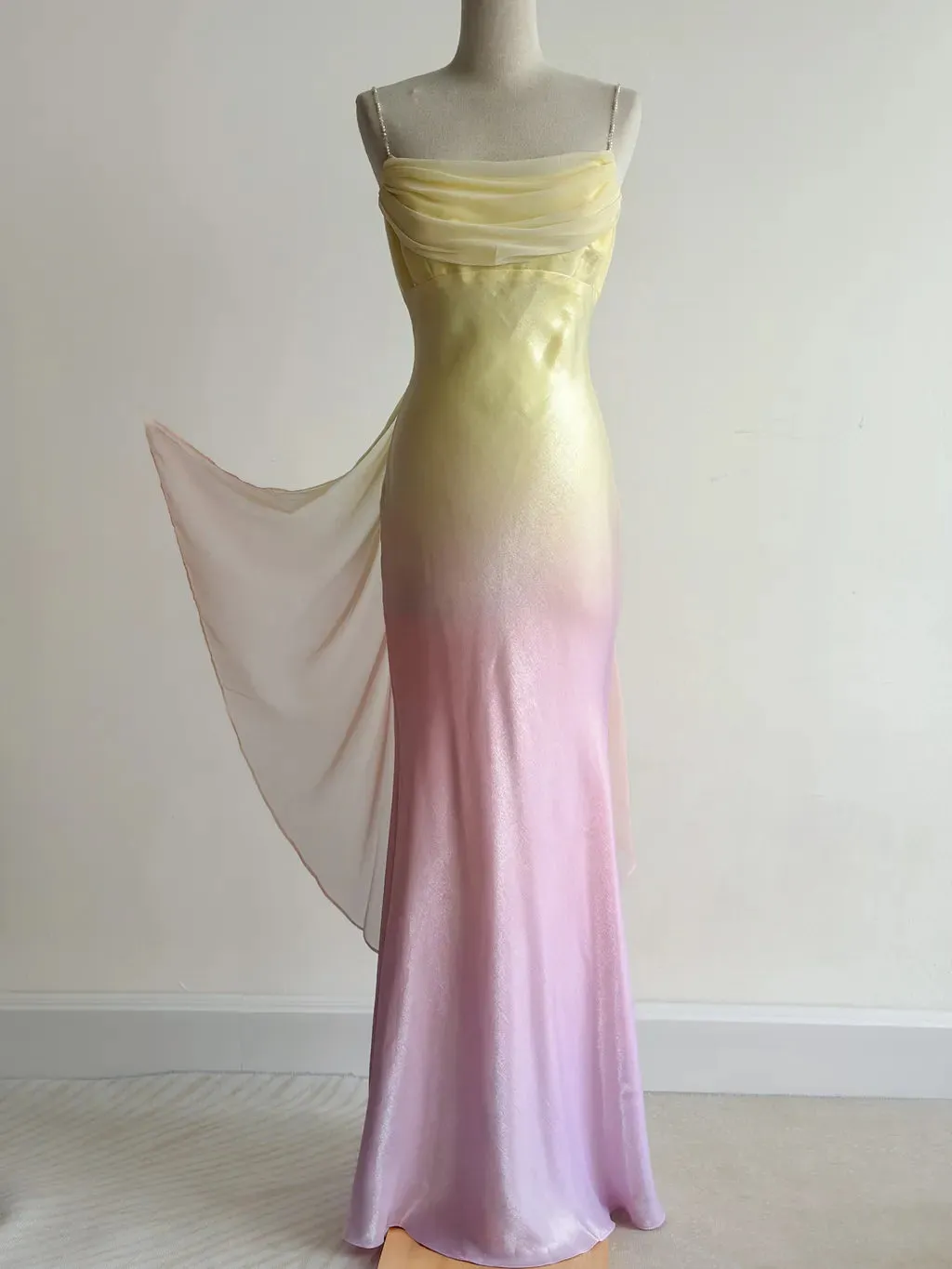 Fairytale Gradient Yellow Pink Spaghetti Straps Mermaid Satin Prom Dresses Vintage Evening Gowns HZ1108 - Image 2