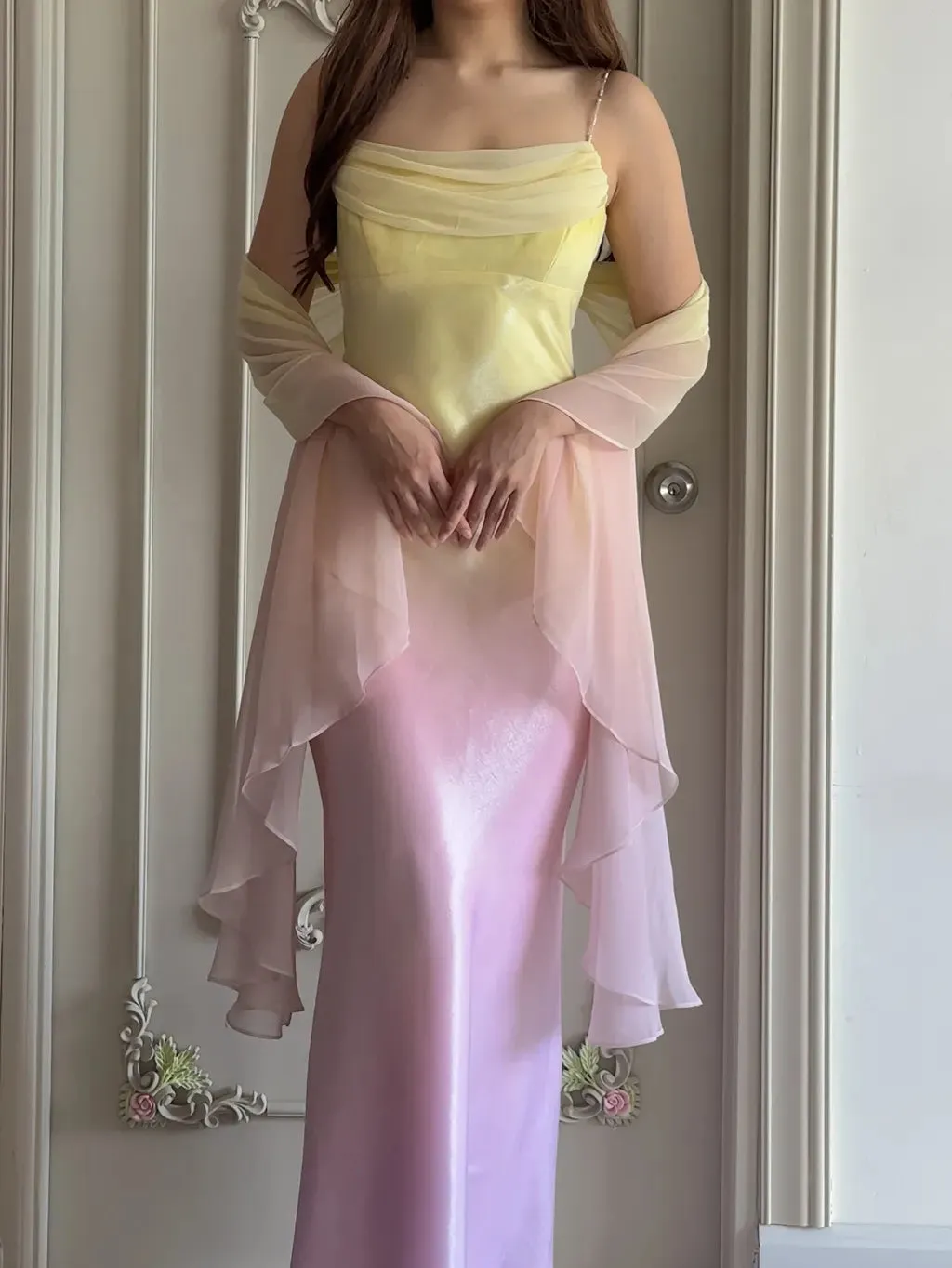 Fairytale Gradient Yellow Pink Spaghetti Straps Mermaid Satin Prom Dresses Vintage Evening Gowns HZ1108 - Image 5