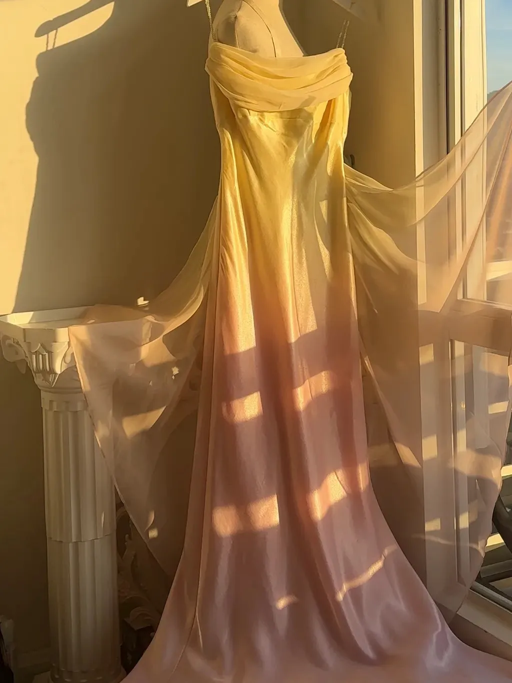 Fairytale Gradient Yellow Pink Spaghetti Straps Mermaid Satin Prom Dresses Vintage Evening Gowns HZ1108