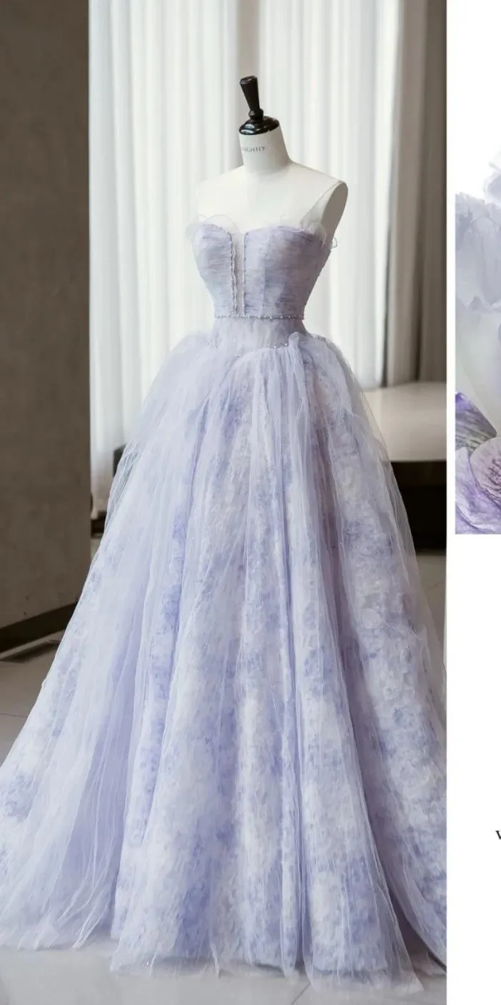 Cute Purple Strapless A-Line Tulle Prom Dresses Sweet 16 Evening Gowns HZ1108