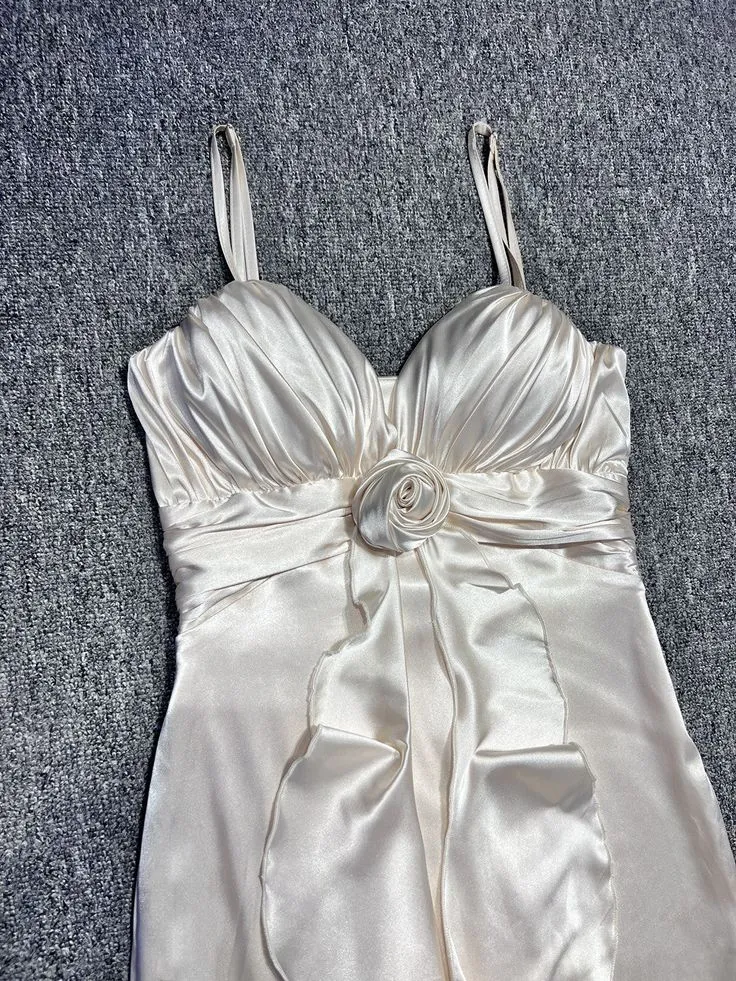 Elegant Off-White Mermaid Party Dress Spaghetti Straps Satin Prom Dresses HZ1108 - Image 3