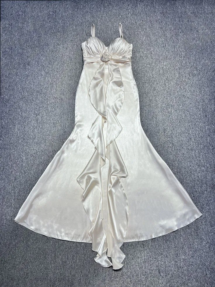 Elegant Off-White Mermaid Party Dress Spaghetti Straps Satin Prom Dresses HZ1108 - Image 2