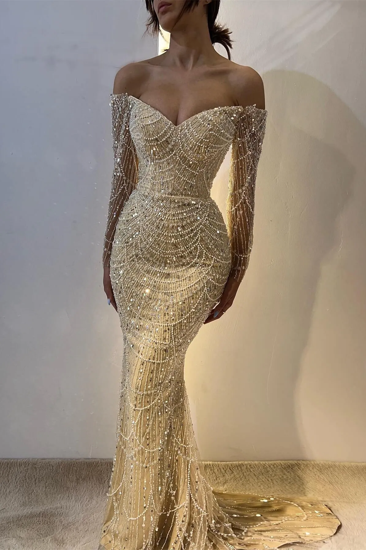 Gorgeous Yellow Off Shoulder Mermaid Long Sleeve Beaded Prom Dresses Fashion Evening Dress HZ1108 - Image 4