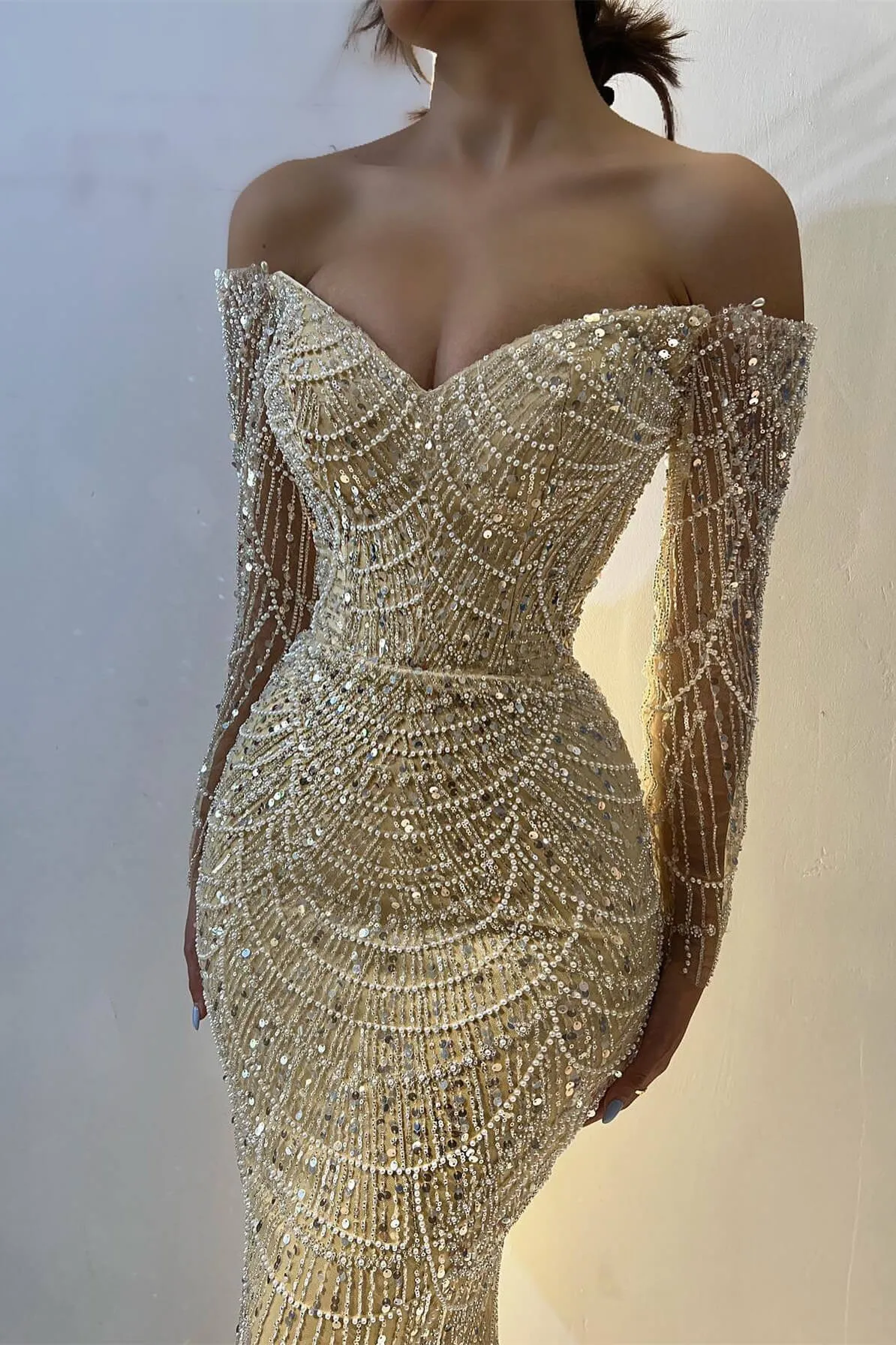 Gorgeous Yellow Off Shoulder Mermaid Long Sleeve Beaded Prom Dresses Fashion Evening Dress HZ1108 - Image 3