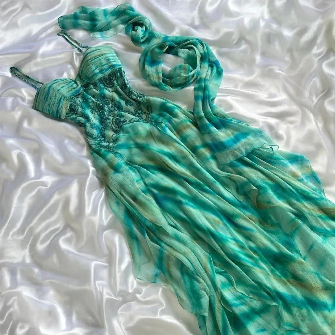 Stunning Green Spaghetti Straps Sheath Chiffon Beaded Prom Dresses HZ1108