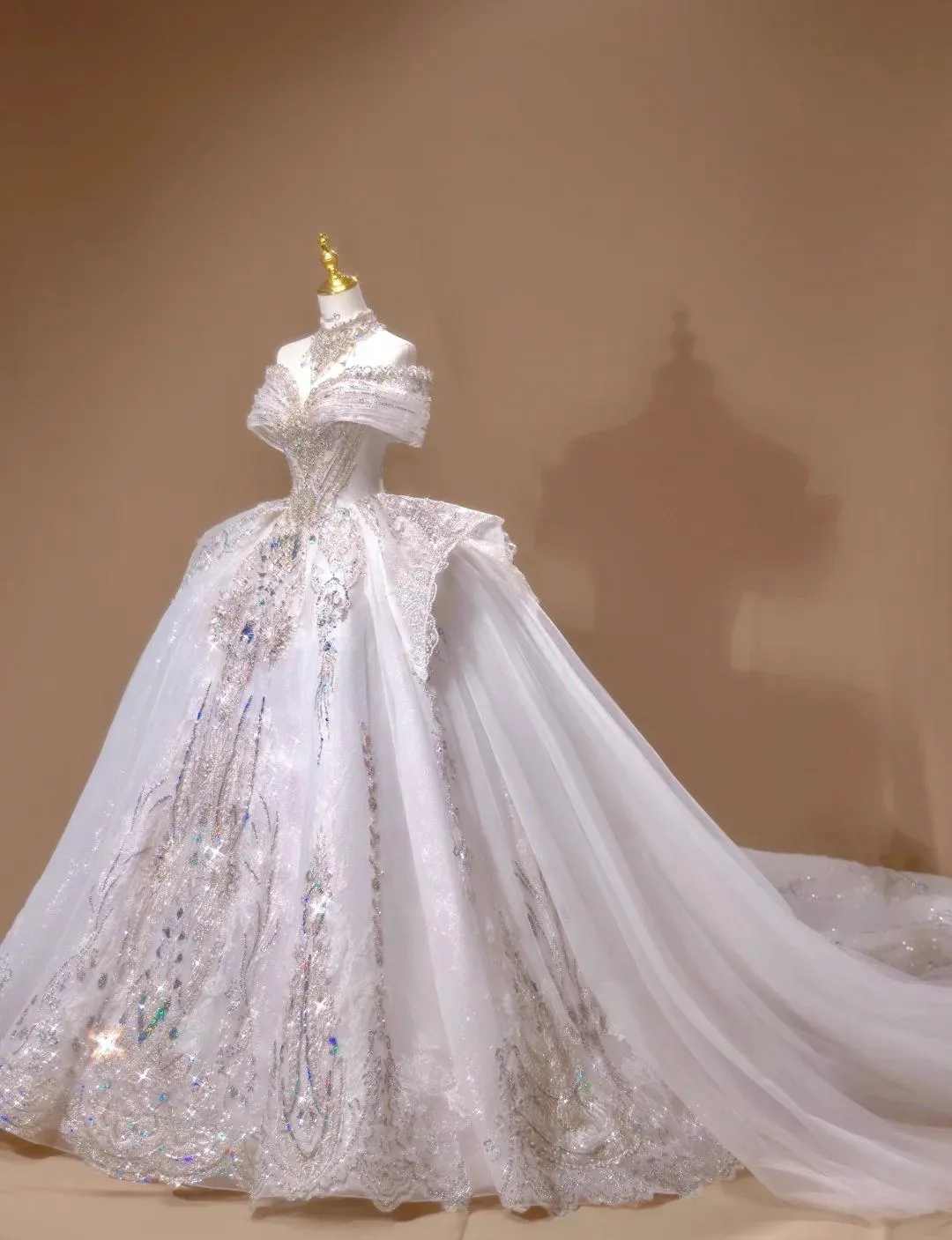 Gorgeous Off-the-shoulder A-Line Tulle Beaded Train Wedding Dress HZ1108 - Image 3