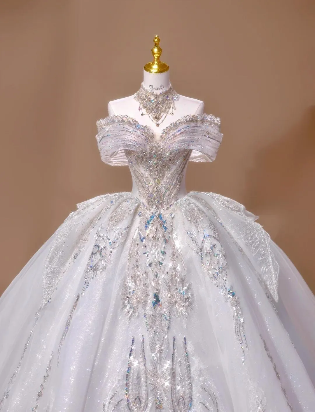 Gorgeous Off-the-shoulder A-Line Tulle Beaded Train Wedding Dress HZ1108 - Image 2