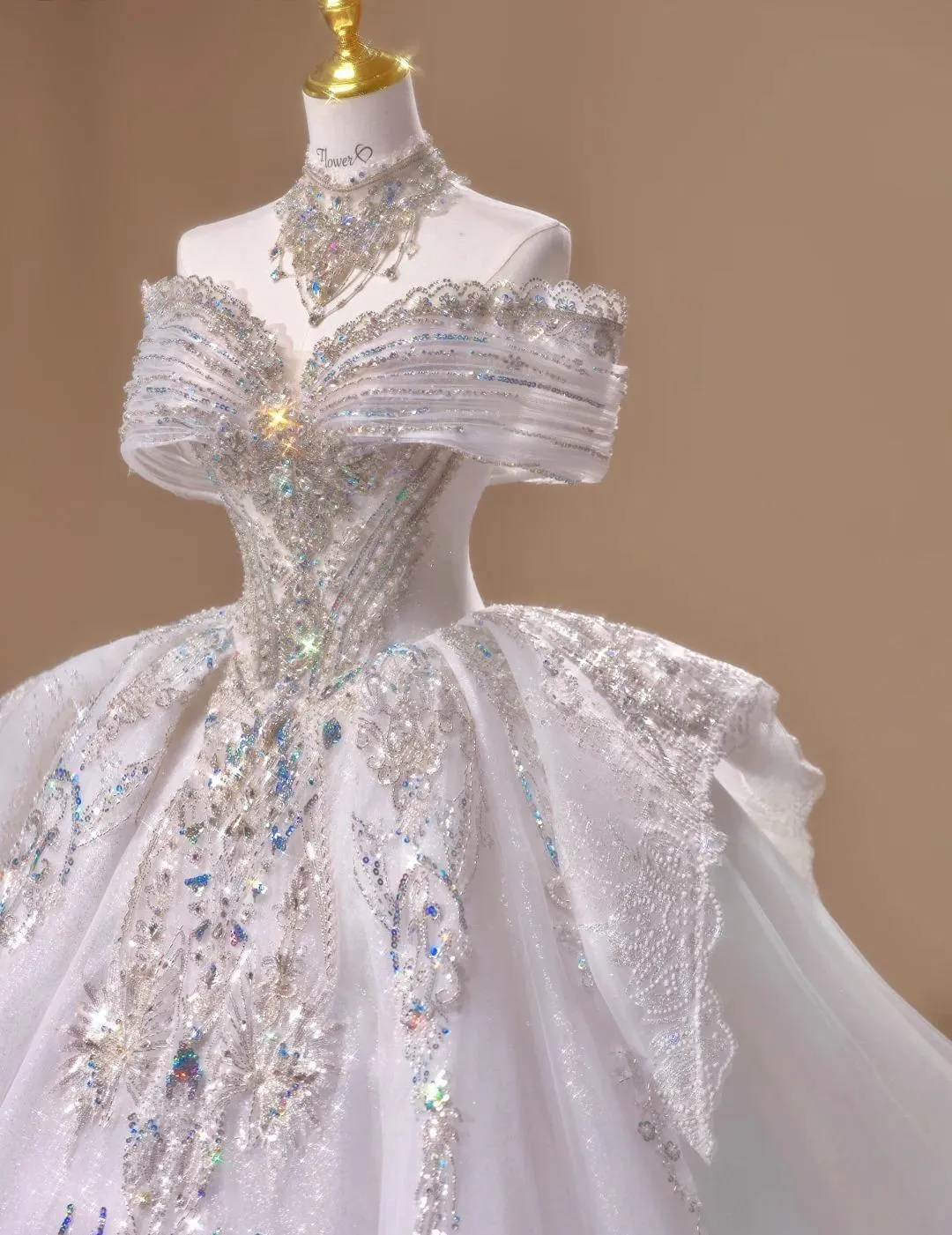 Gorgeous Off-the-shoulder A-Line Tulle Beaded Train Wedding Dress HZ1108 - Image 4