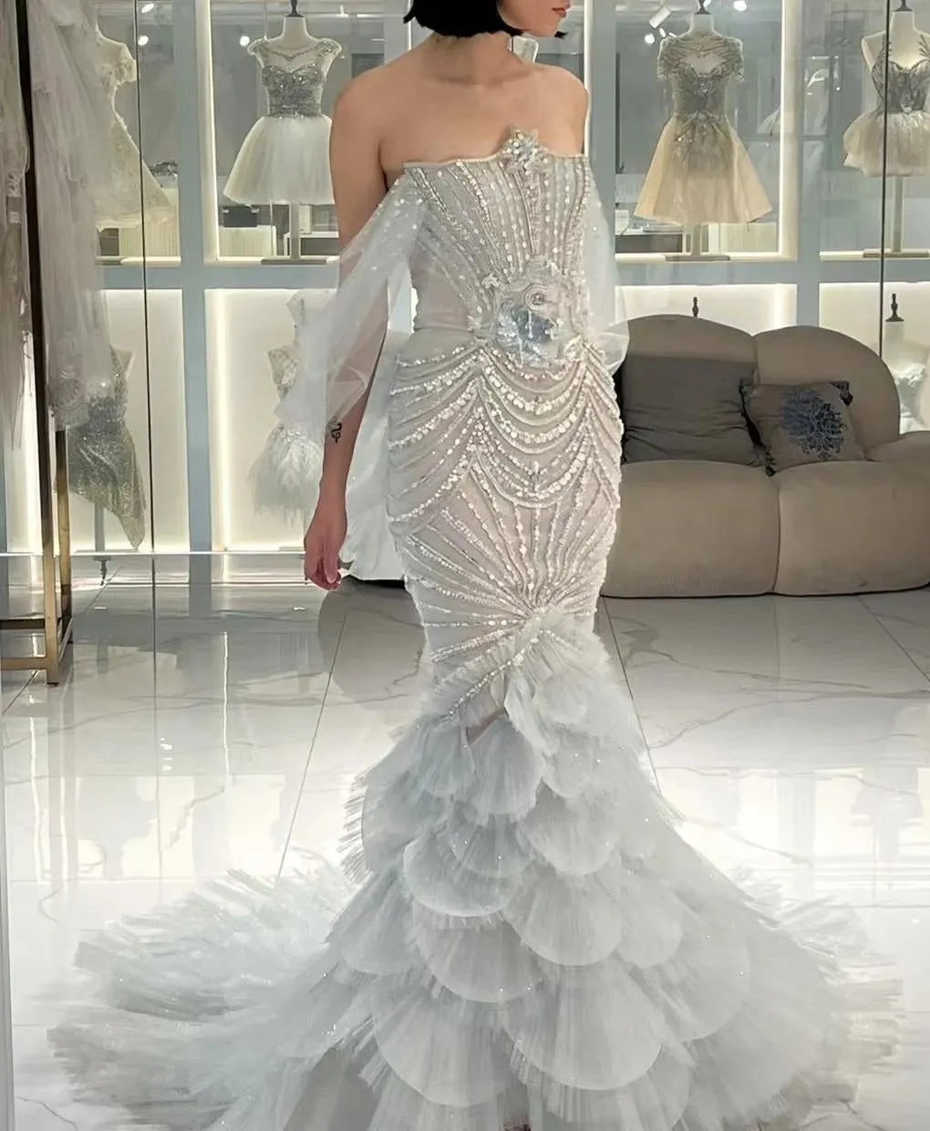 Elegant Grey Strapless Mermaid Tulle Beaded Gorgeous Train Wedding Dress HZ1108 - Image 7