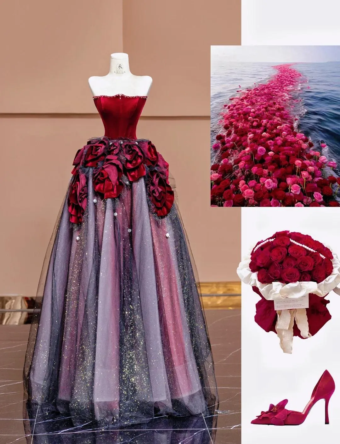 Stunning Burgundy Strapless Velvet A-Line Tulle Long Prom Dresses Unique Wedding Dress HZ1108