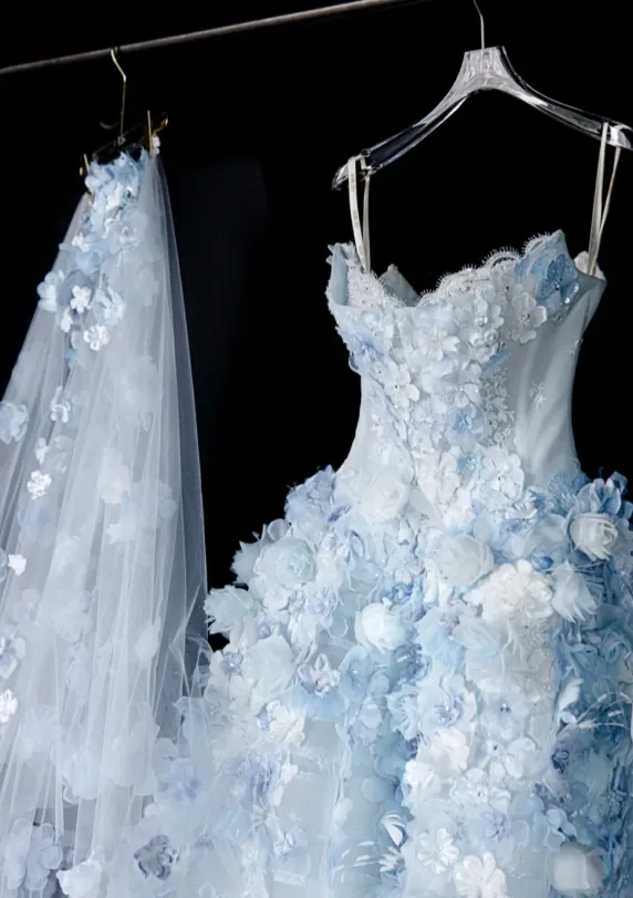 Fairytale White Tulle Strapless A-Line 3D Applique Trailing Wedding Dress HZ1108 - Image 4