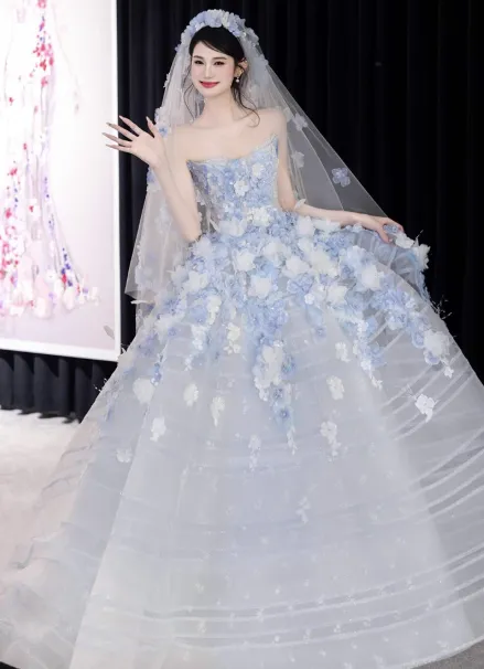 Fairytale White Tulle Strapless A-Line 3D Applique Trailing Wedding Dress HZ1108 - Image 5