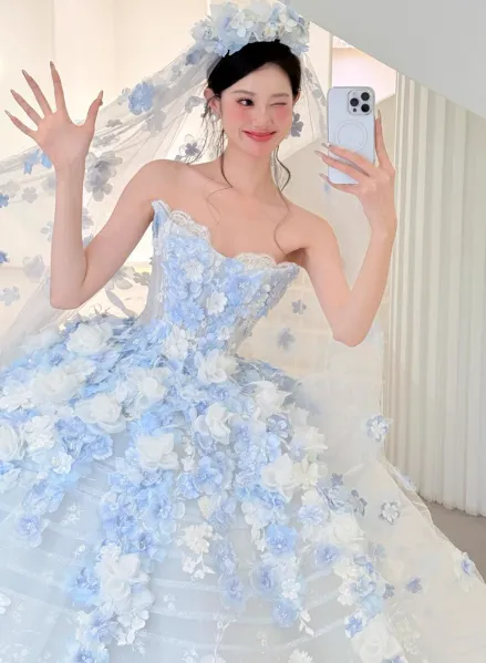 Fairytale White Tulle Strapless A-Line 3D Applique Trailing Wedding Dress HZ1108 - Image 7