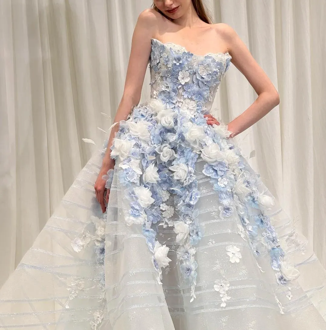 Fairytale White Tulle Strapless A-Line 3D Applique Trailing Wedding Dress HZ1108 - Image 8