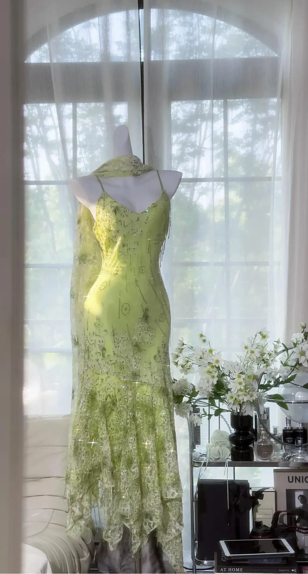 Gorgeous Green Spaghetti Straps Mermaid Chiffon Beaded Prom Dresses Vintage Party Dress HZ1108