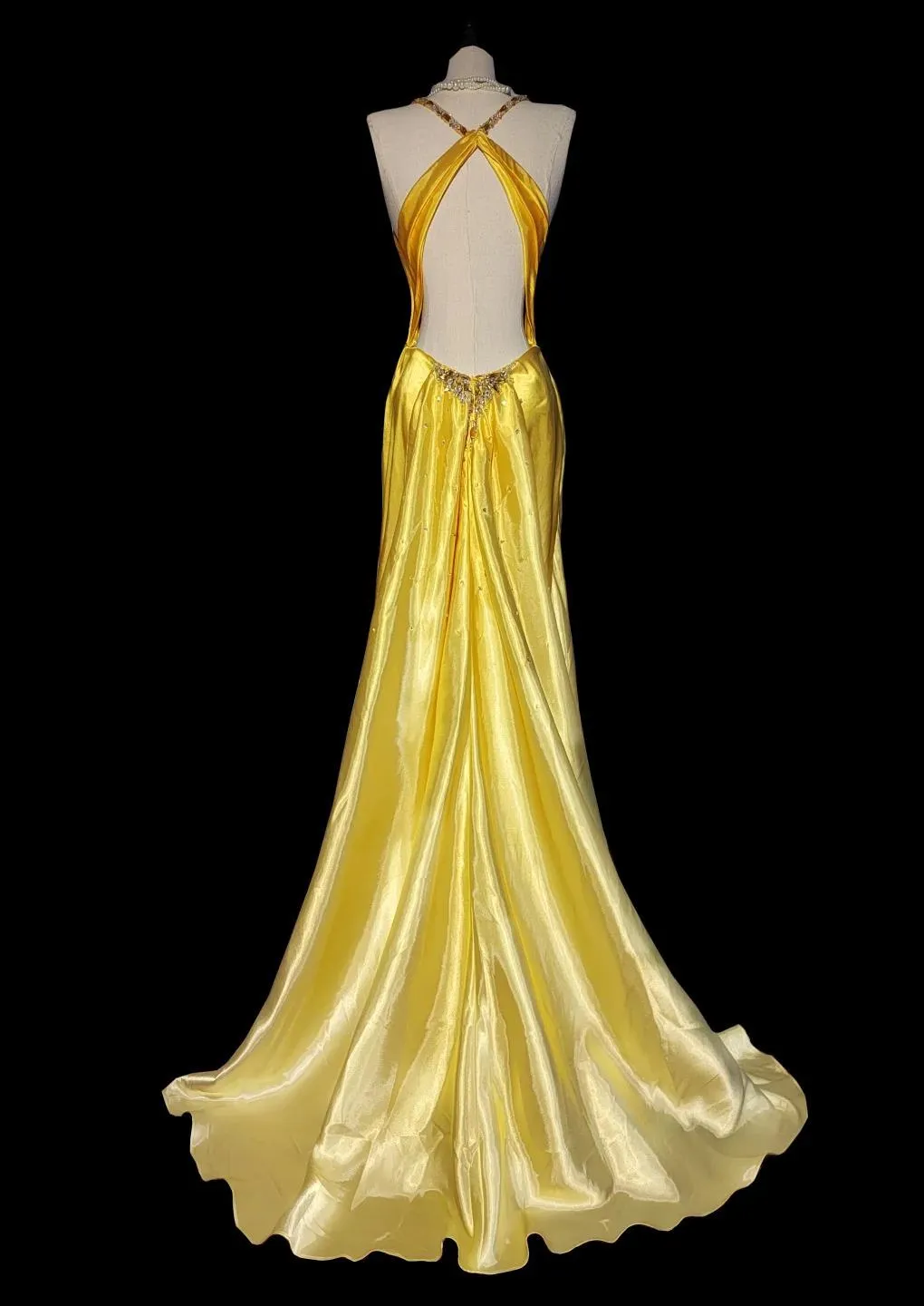 Elegant Bright Yellow V Neck Mermaid Satin Beading Long Prom Dresses Backless Formal Evening Gowns HZ1108 - Image 3