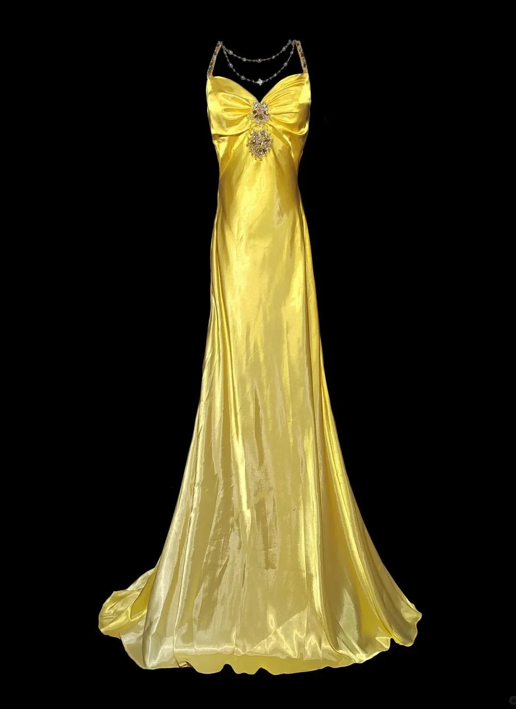 Elegant Bright Yellow V Neck Mermaid Satin Beading Long Prom Dresses Backless Formal Evening Gowns HZ1108
